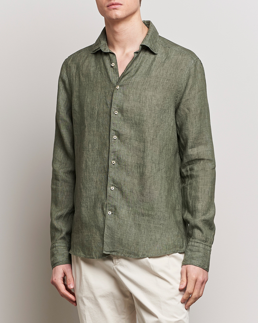 Herr | Business & Beyond | Stenströms | Slimline Cut Away Linen Shirt Olive