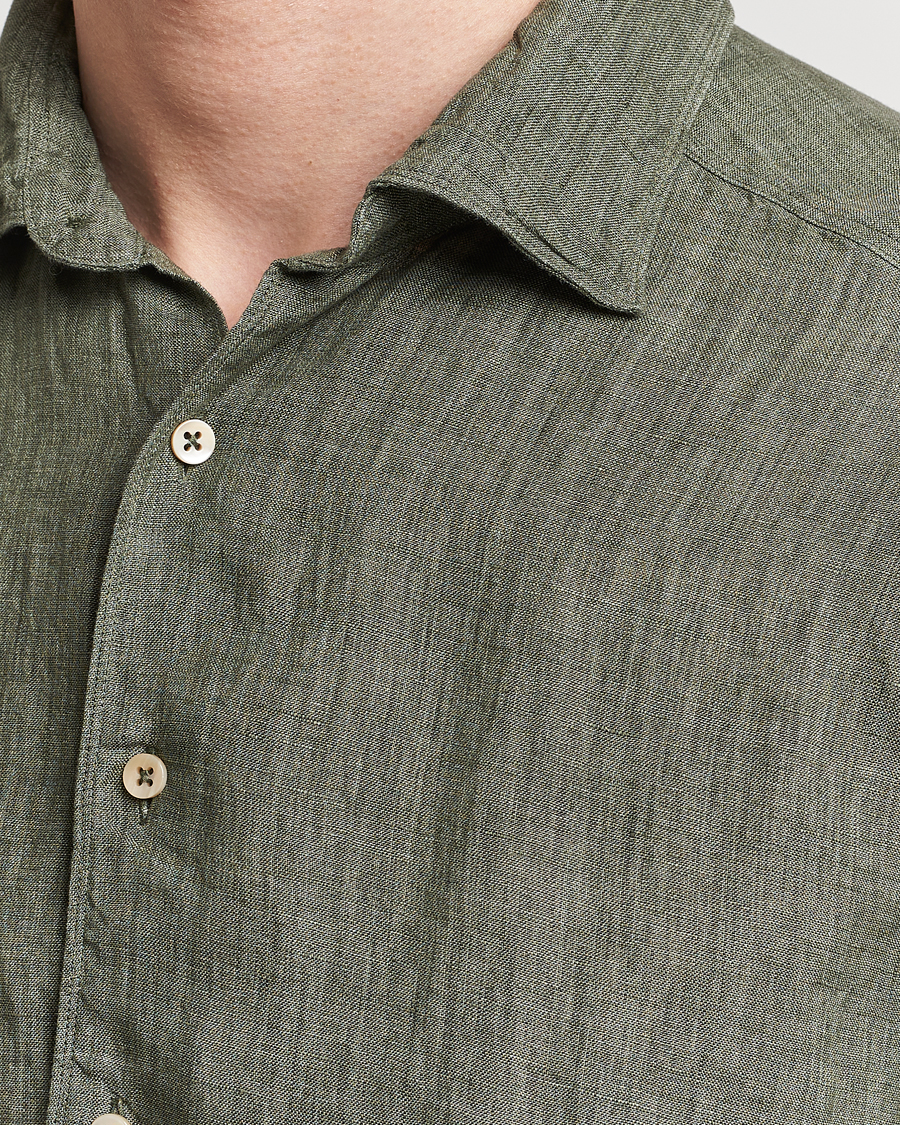Herr | Skjortor | Stenströms | Slimline Cut Away Linen Shirt Olive