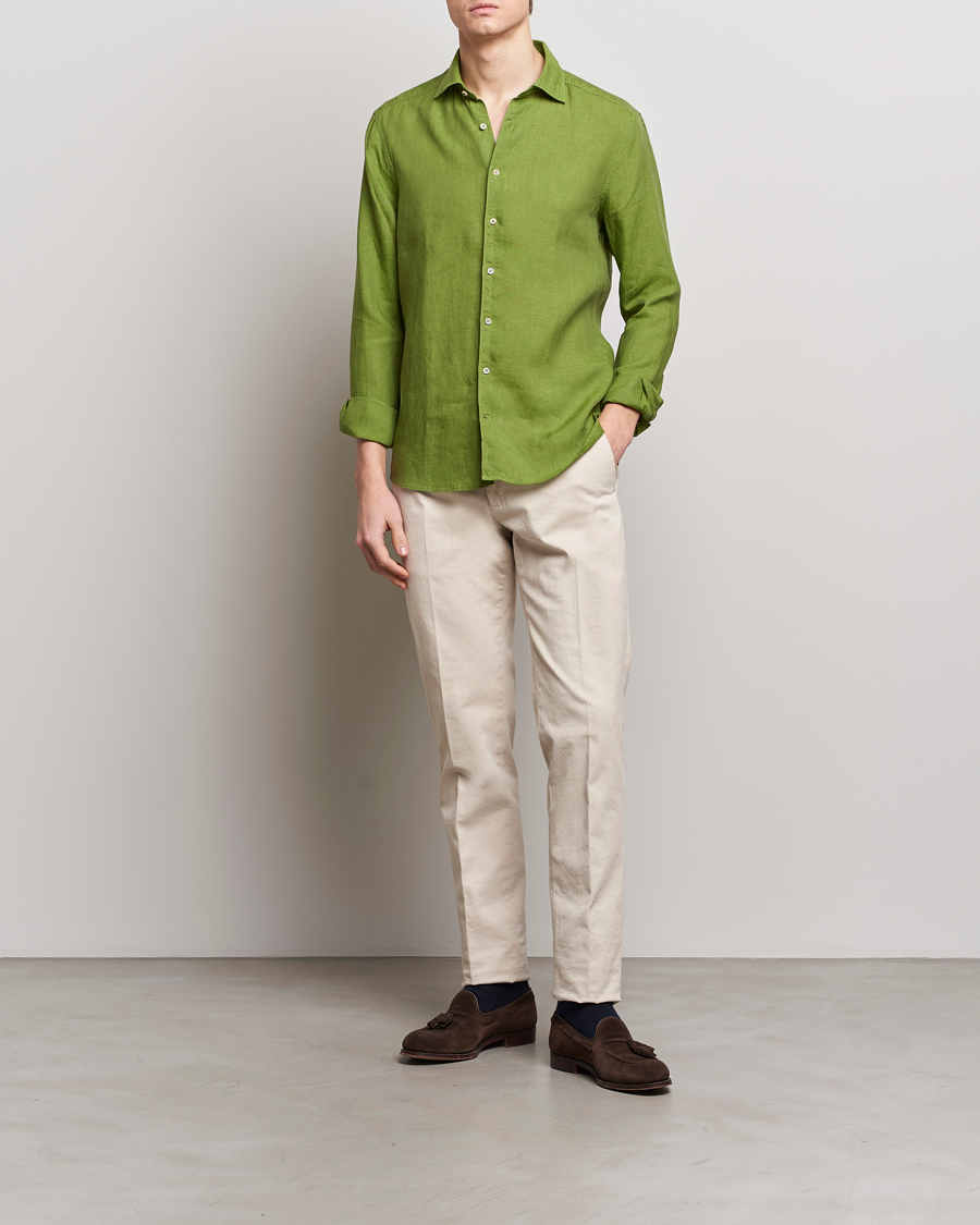 Herr | Skjortor | Stenströms | Slimline Cut Away Linen Shirt Green