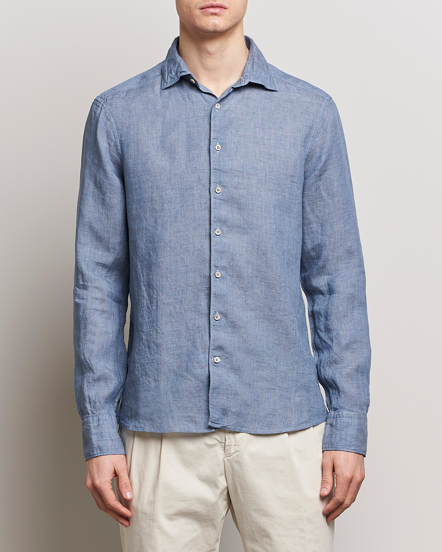 Herr | Linneavdelningen | Stenströms | Slimline Cut Away Linen Shirt Steel Blue