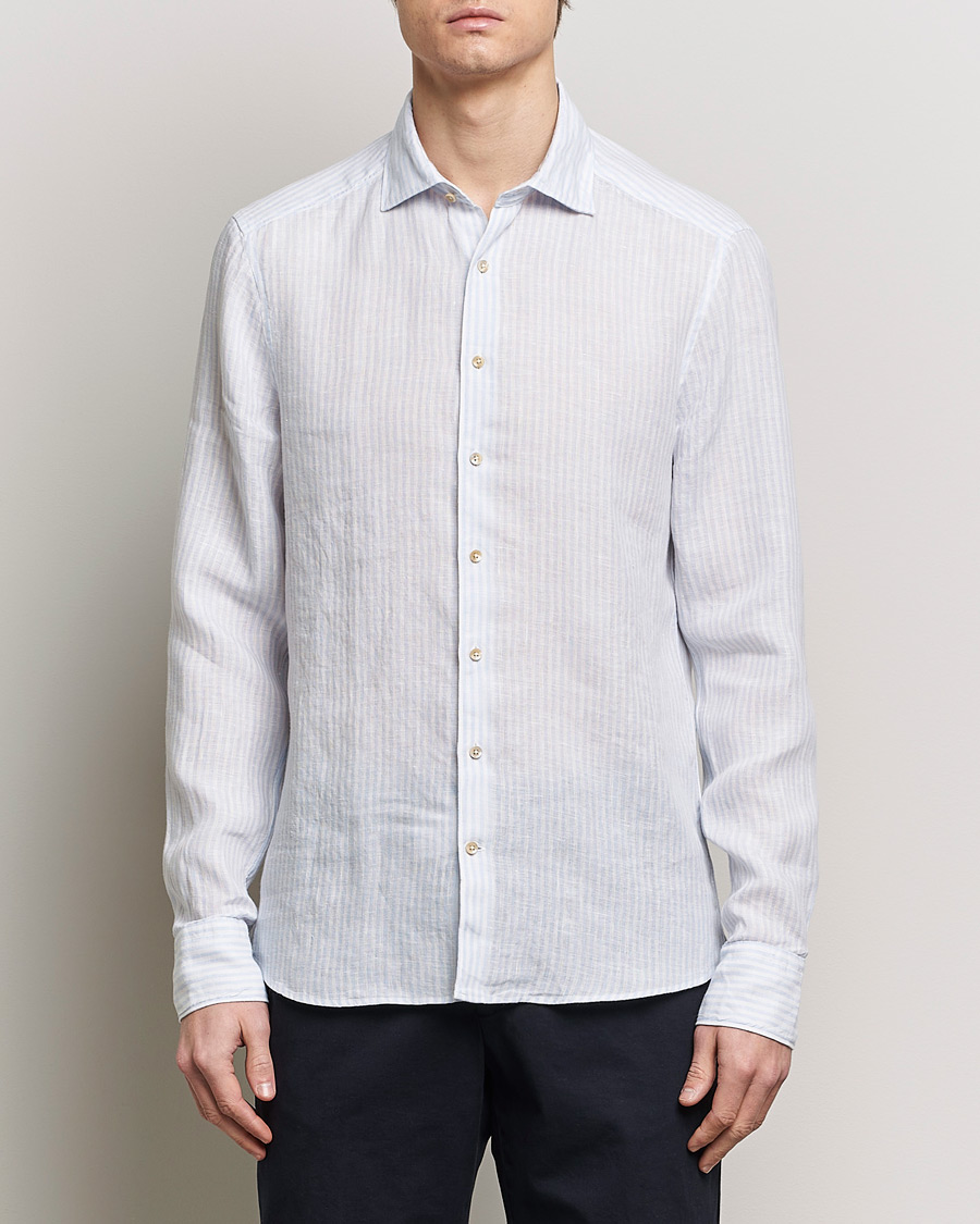 Herr |  | Stenströms | Slimline Cut Away Striped Linen Shirt Light Blue