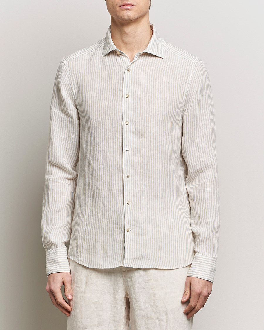 Herr | Business & Beyond | Stenströms | Slimline Cut Away Striped Linen Shirt Beige