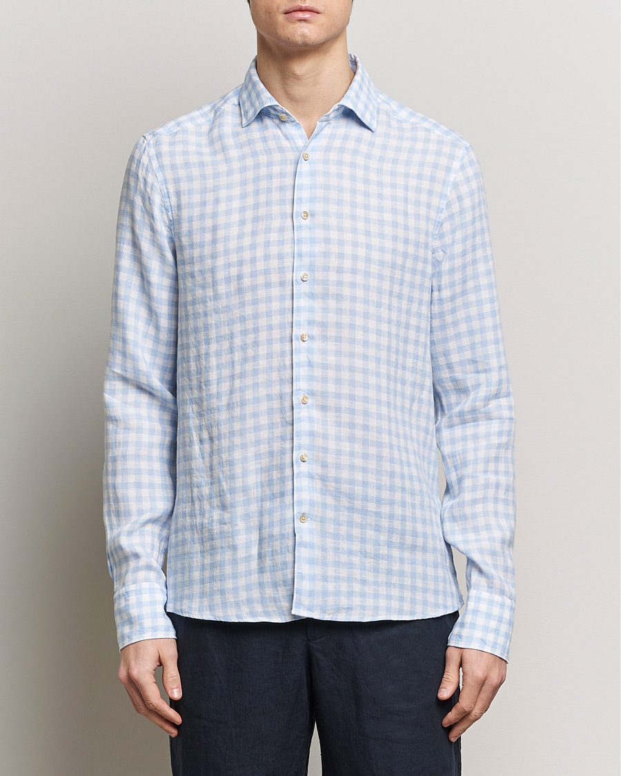 Herr |  | Stenströms | Slimline Cut Away Checked Linen Shirt Light Blue