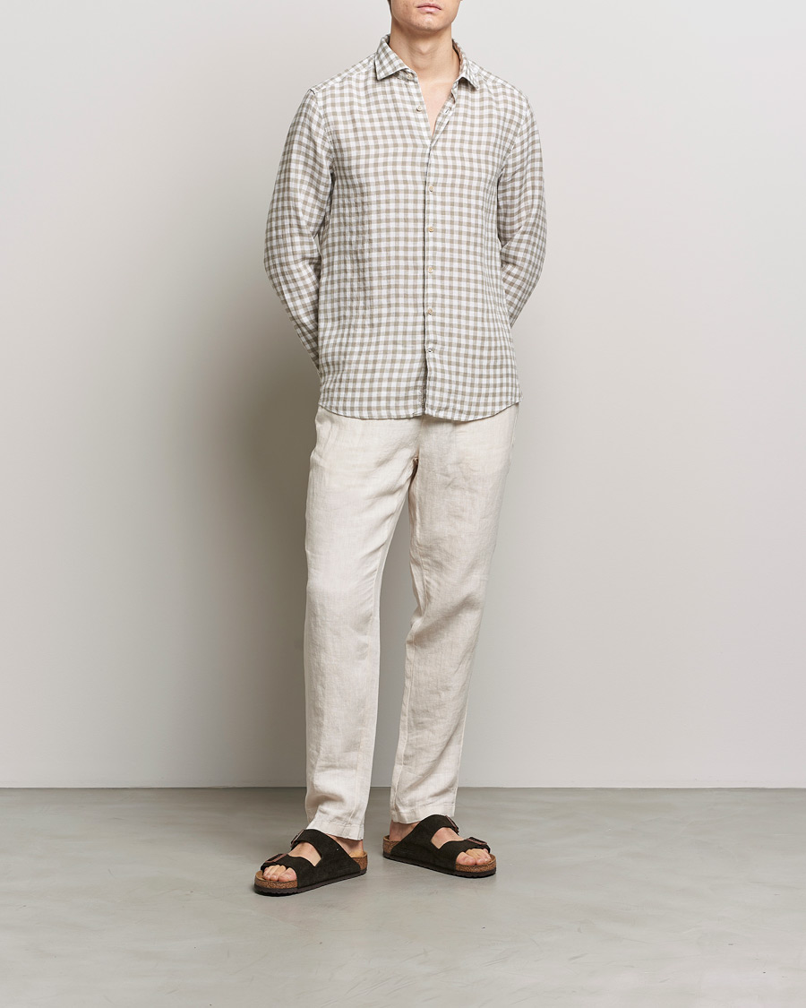 Herr | Skjortor | Stenströms | Slimline Cut Away Checked Linen Shirt Light Grey