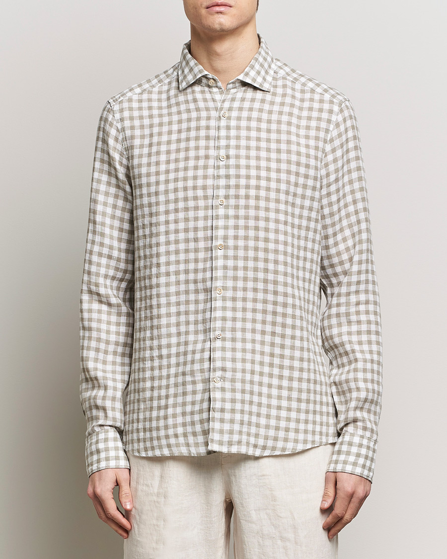 Herre | Skjorter | Stenströms | Slimline Cut Away Checked Linen Shirt Light Grey