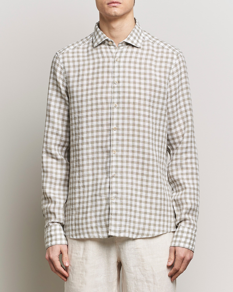 Herr | Linneskjortor | Stenströms | Slimline Cut Away Checked Linen Shirt Light Grey