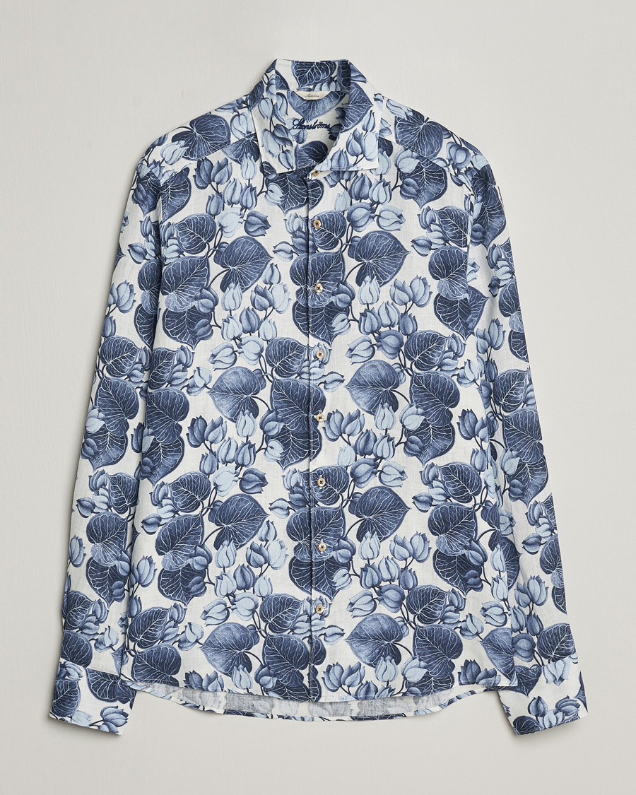 Herr | Skjortor | Stenströms | Slimline Cut Away Printed Flower Linen Shirt Blue