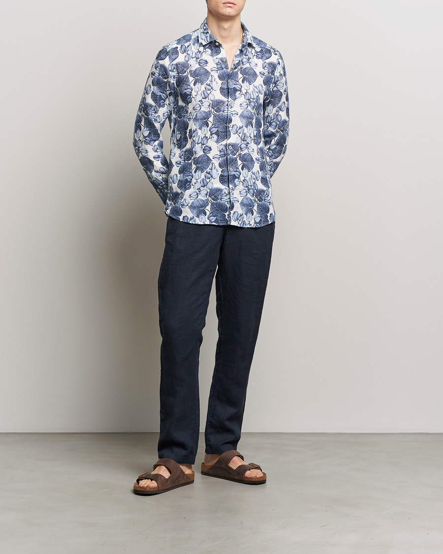 Herr | Skjortor | Stenströms | Slimline Cut Away Printed Flower Linen Shirt Blue