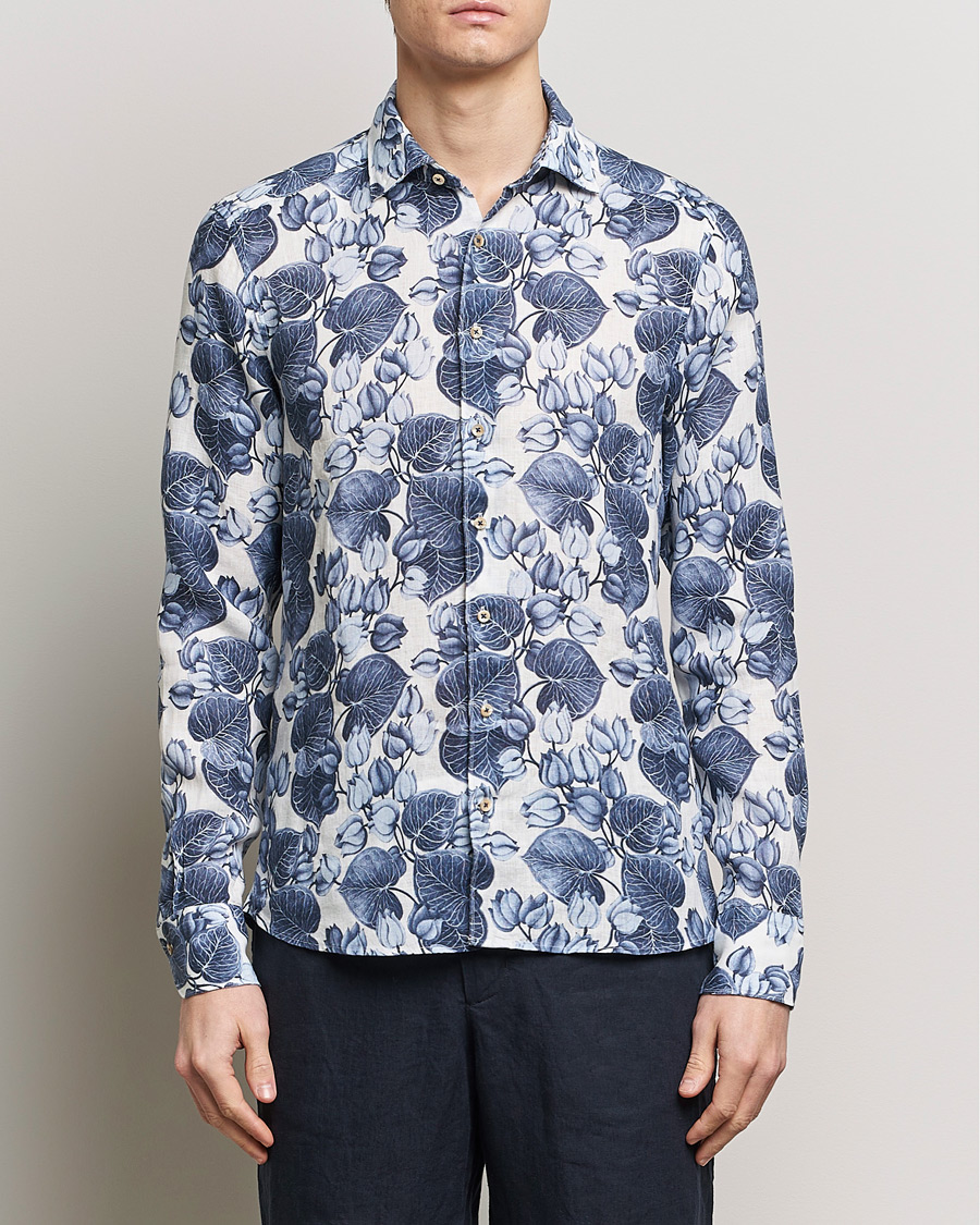 Herr | Casual | Stenströms | Slimline Cut Away Printed Flower Linen Shirt Blue