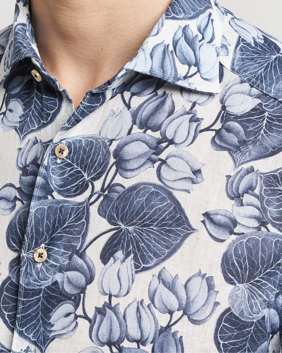 Herr | Skjortor | Stenströms | Slimline Cut Away Printed Flower Linen Shirt Blue