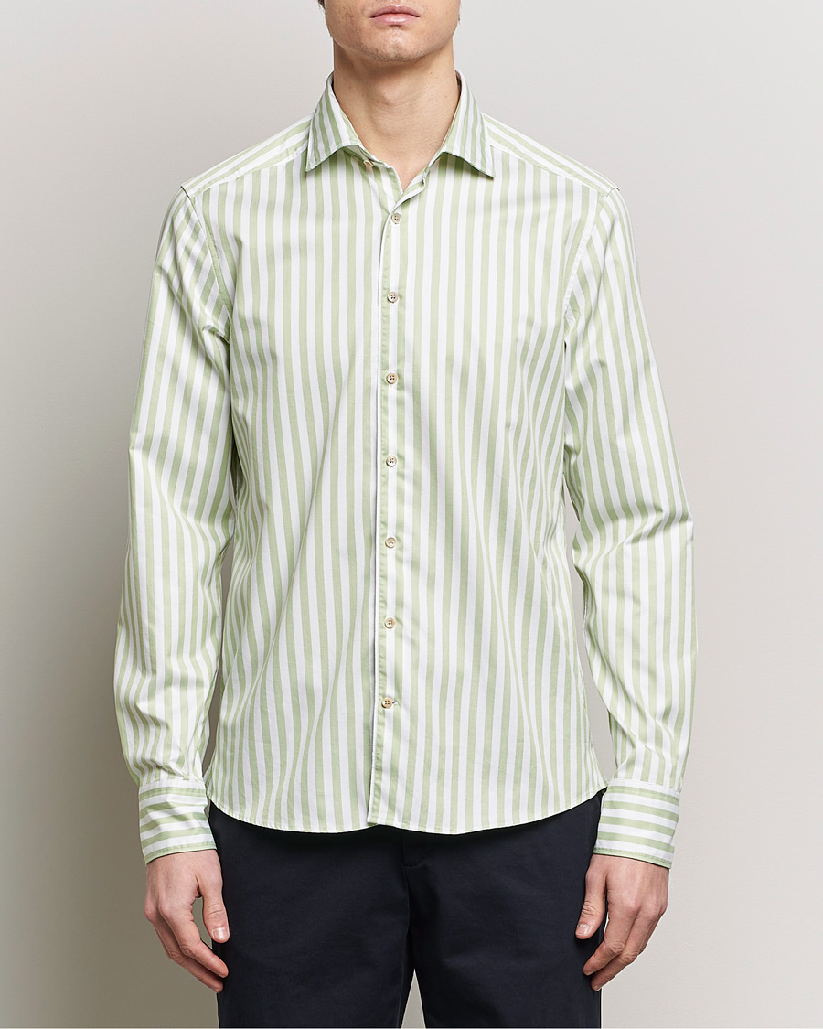 Herr | Lojalitetserbjudande | Stenströms | Slimline Large Stripe Washed Cotton Shirt Green