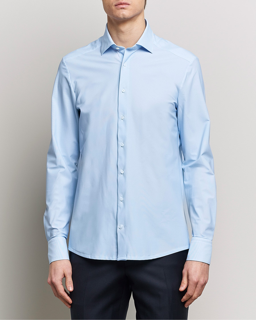 Herr | Mörk kostym | Stenströms | Slimline Micro Check Cut Away 4-Way Stretch Shirt Blue