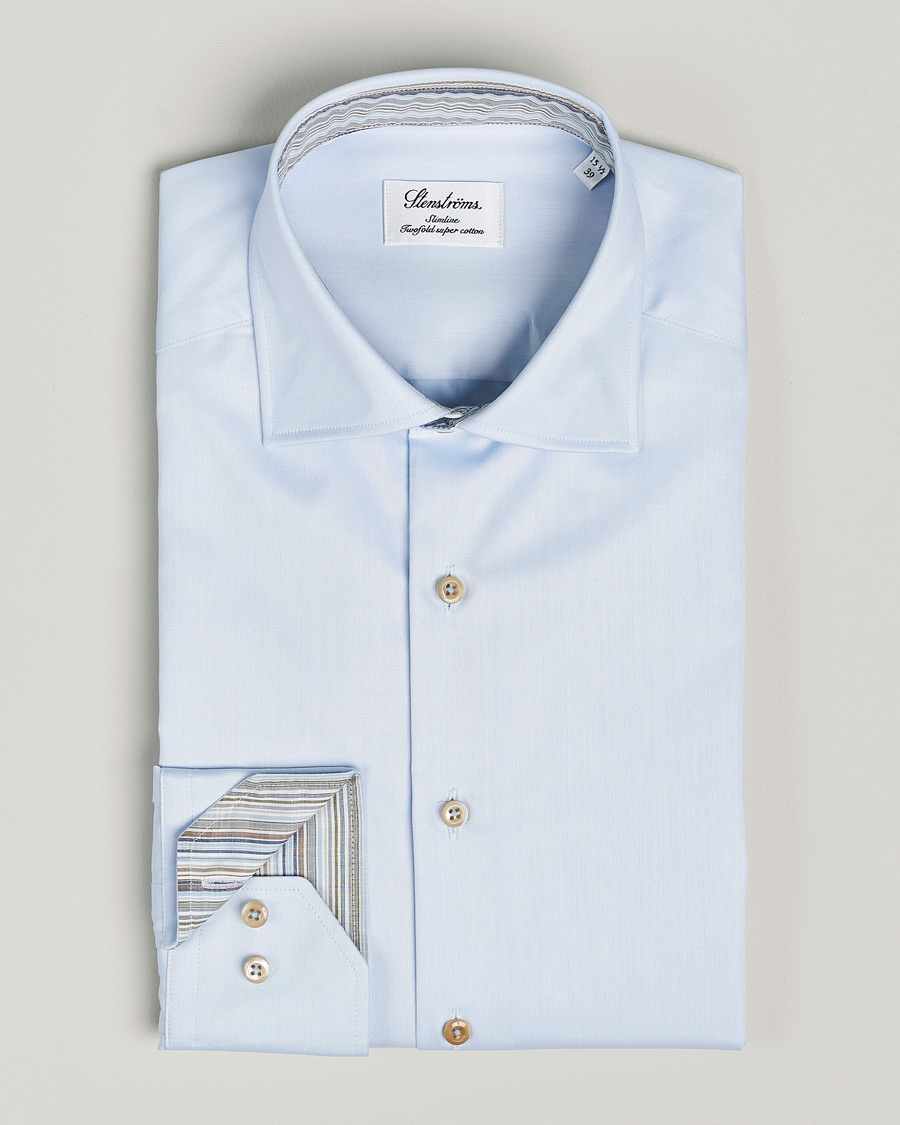 Herr | Skjortor | Stenströms | Slimline Multi Stripe Contrast Cut Away Shirt Light Blue