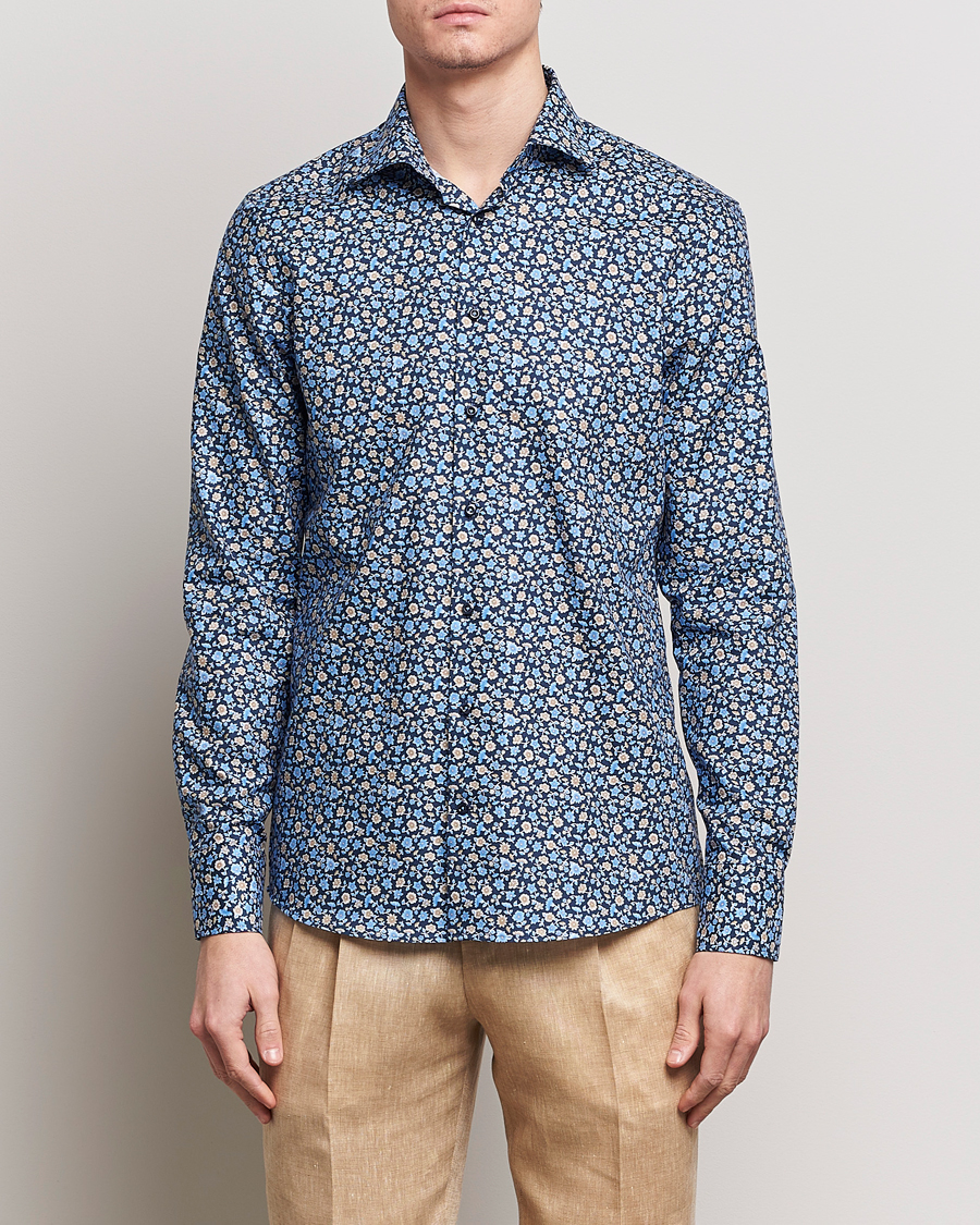 Herr | Skjortor | Stenströms | Slimline Cut Away Printed Flower Shirt Navy