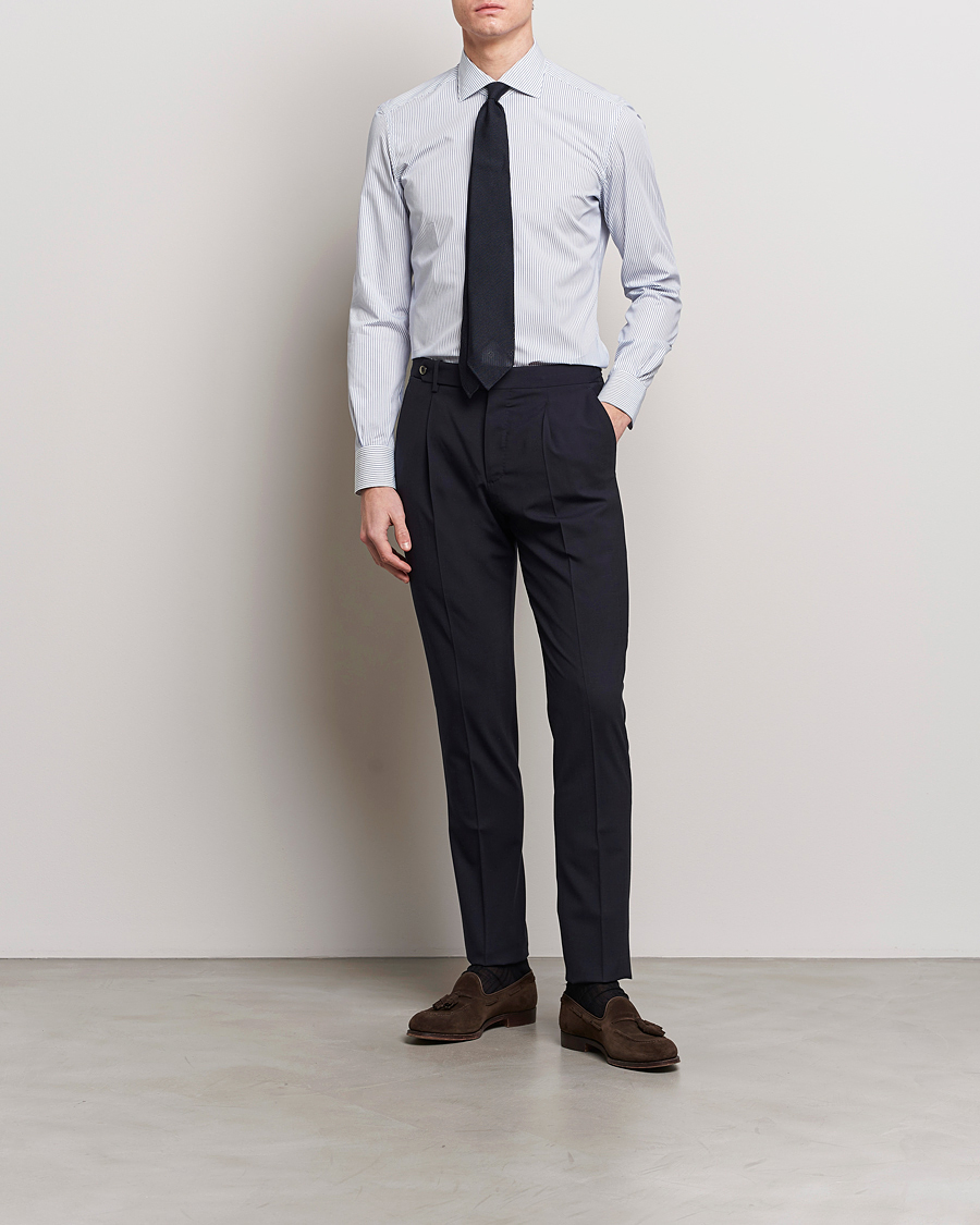 Herr | Skjortor | Mazzarelli | Soft Cotton Cut Away Shirt Blue Pinstripe