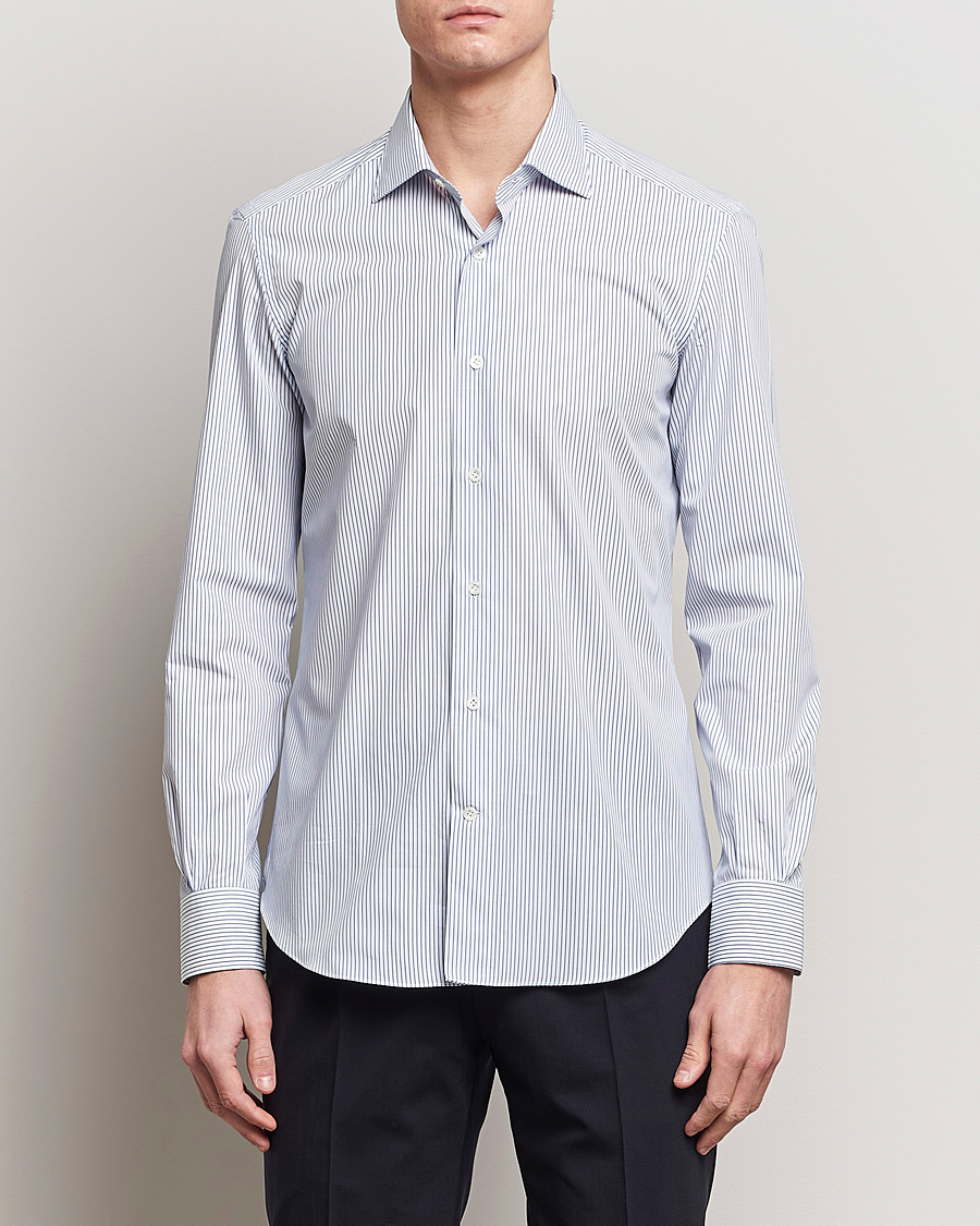 Herr | Italian Department | Mazzarelli | Soft Cotton Cut Away Shirt Blue Pinstripe