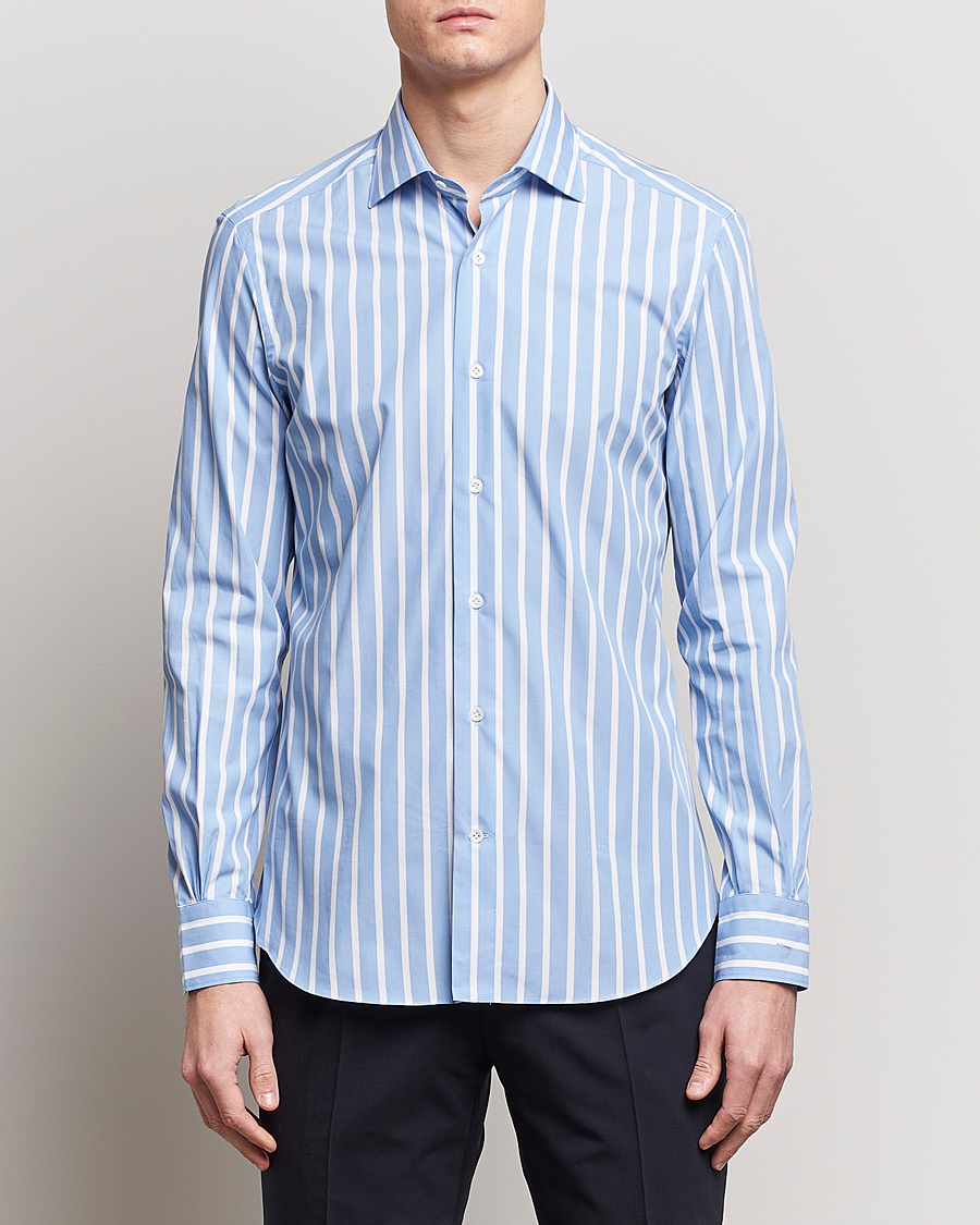 Herr | Kläder | Mazzarelli | Soft Cotton Cut Away Shirt Blue/White Stripe