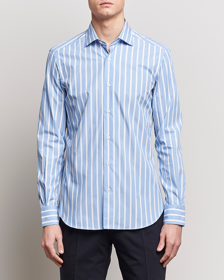 Herr | Lojalitetserbjudande | Mazzarelli | Soft Cotton Cut Away Shirt Blue/White Stripe