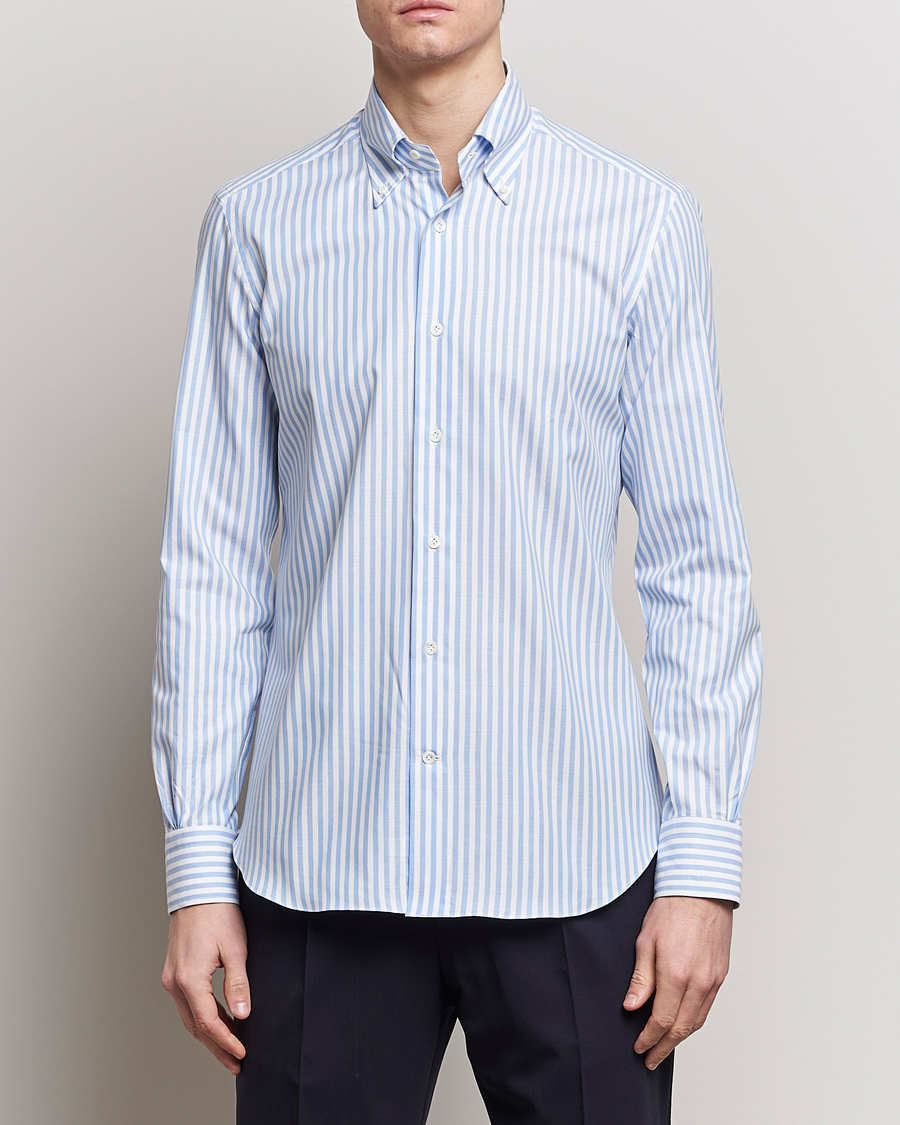 Herr | Casual | Mazzarelli | Soft Oxford Button Down Shirt Blue Stripe