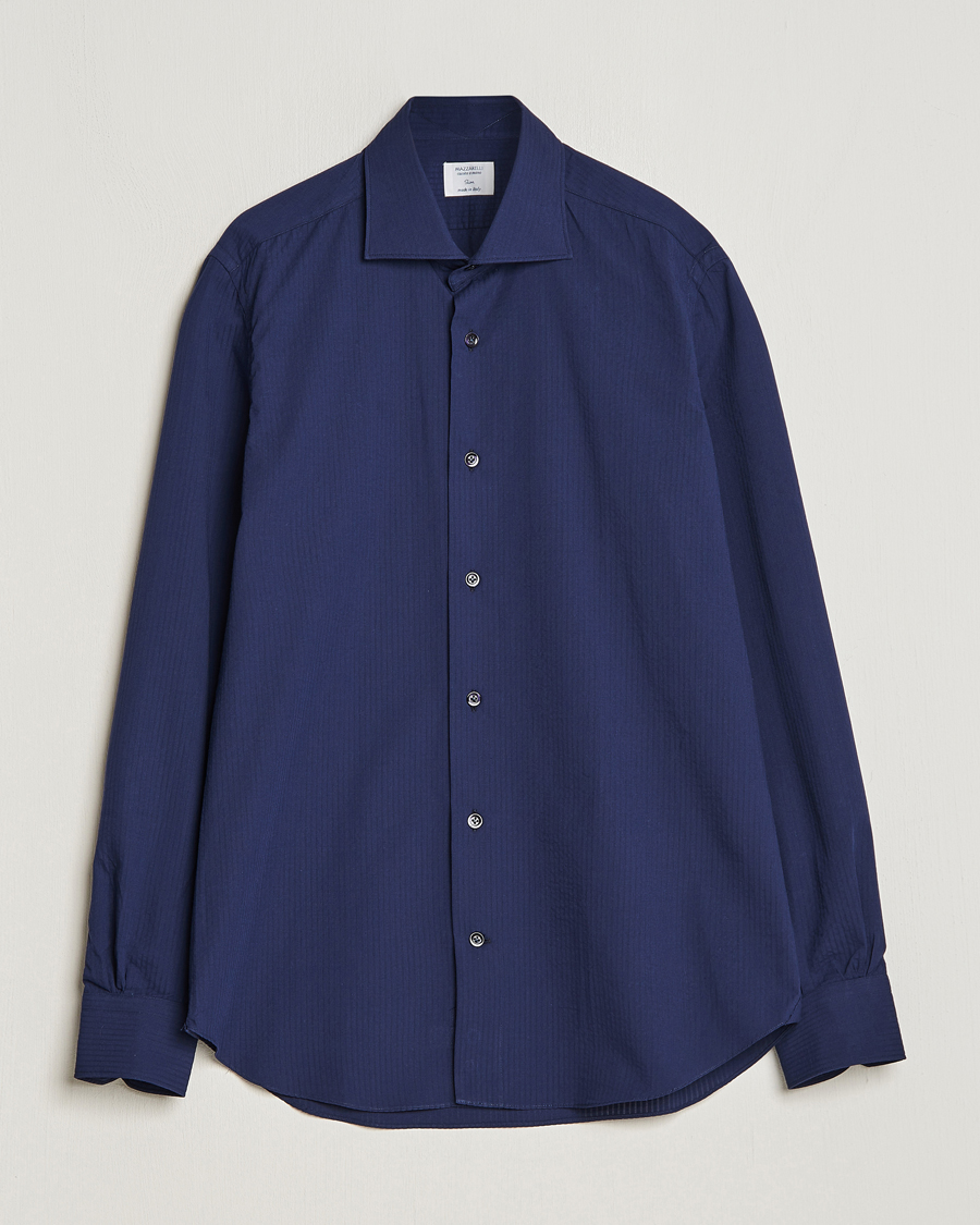 Herr | Skjortor | Mazzarelli | Soft Tonal Seersucker Shirt Navy