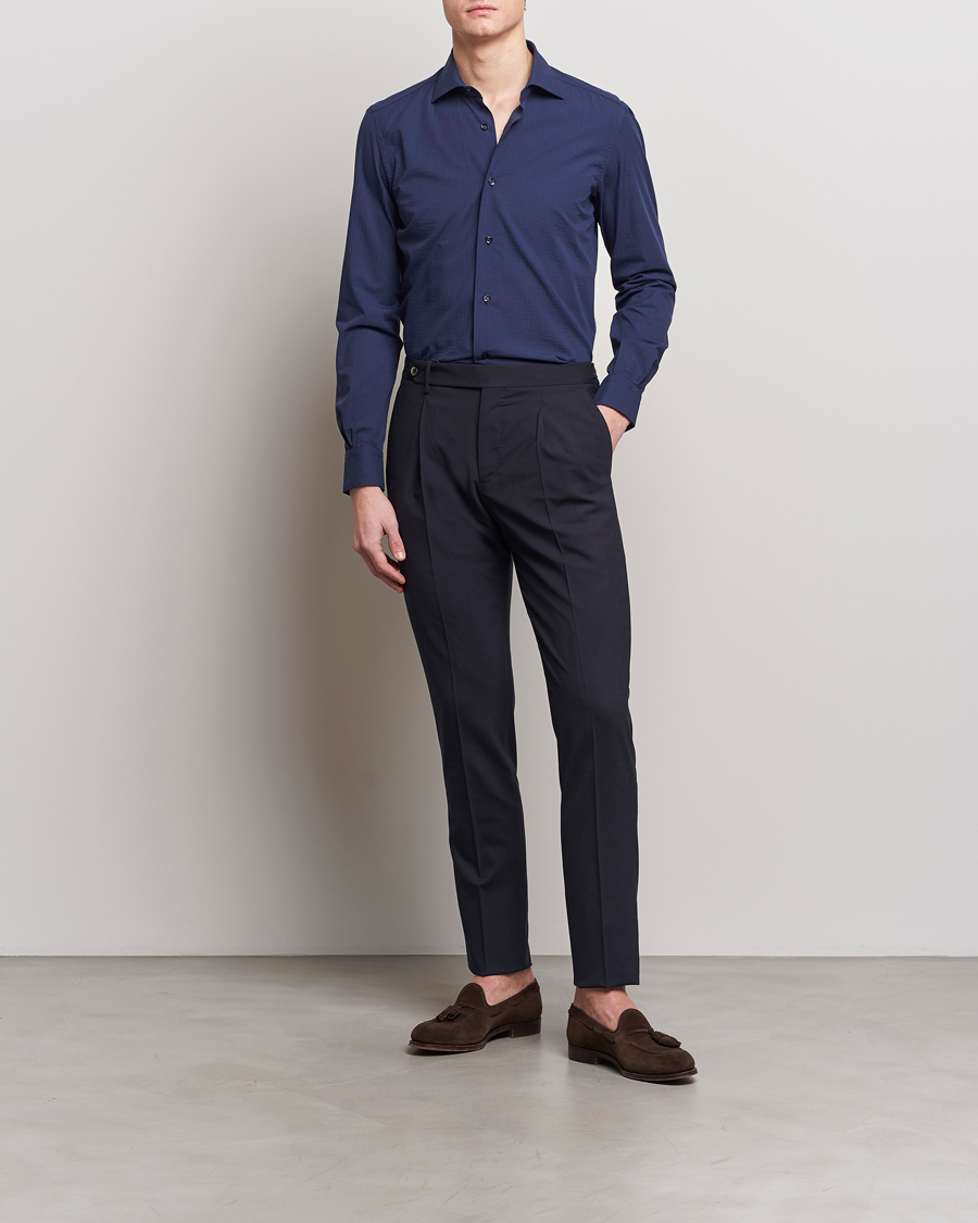 Herr | Skjortor | Mazzarelli | Soft Tonal Seersucker Shirt Navy