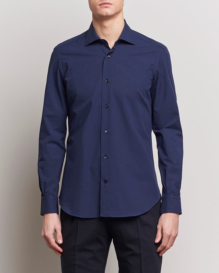 Herr | Skjortor | Mazzarelli | Soft Tonal Seersucker Shirt Navy