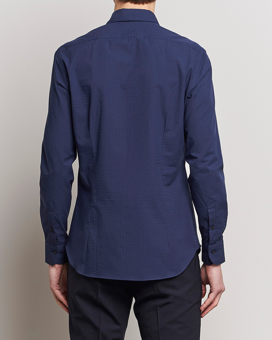 Herr | Skjortor | Mazzarelli | Soft Tonal Seersucker Shirt Navy