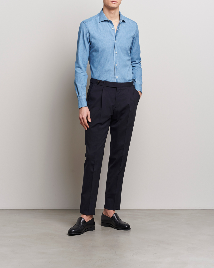 Herr | Skjortor | Mazzarelli | Soft Cotton Denim Shirt Bleached Denim