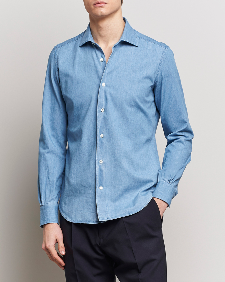 Herr | Skjortor | Mazzarelli | Soft Cotton Denim Shirt Blue Wash