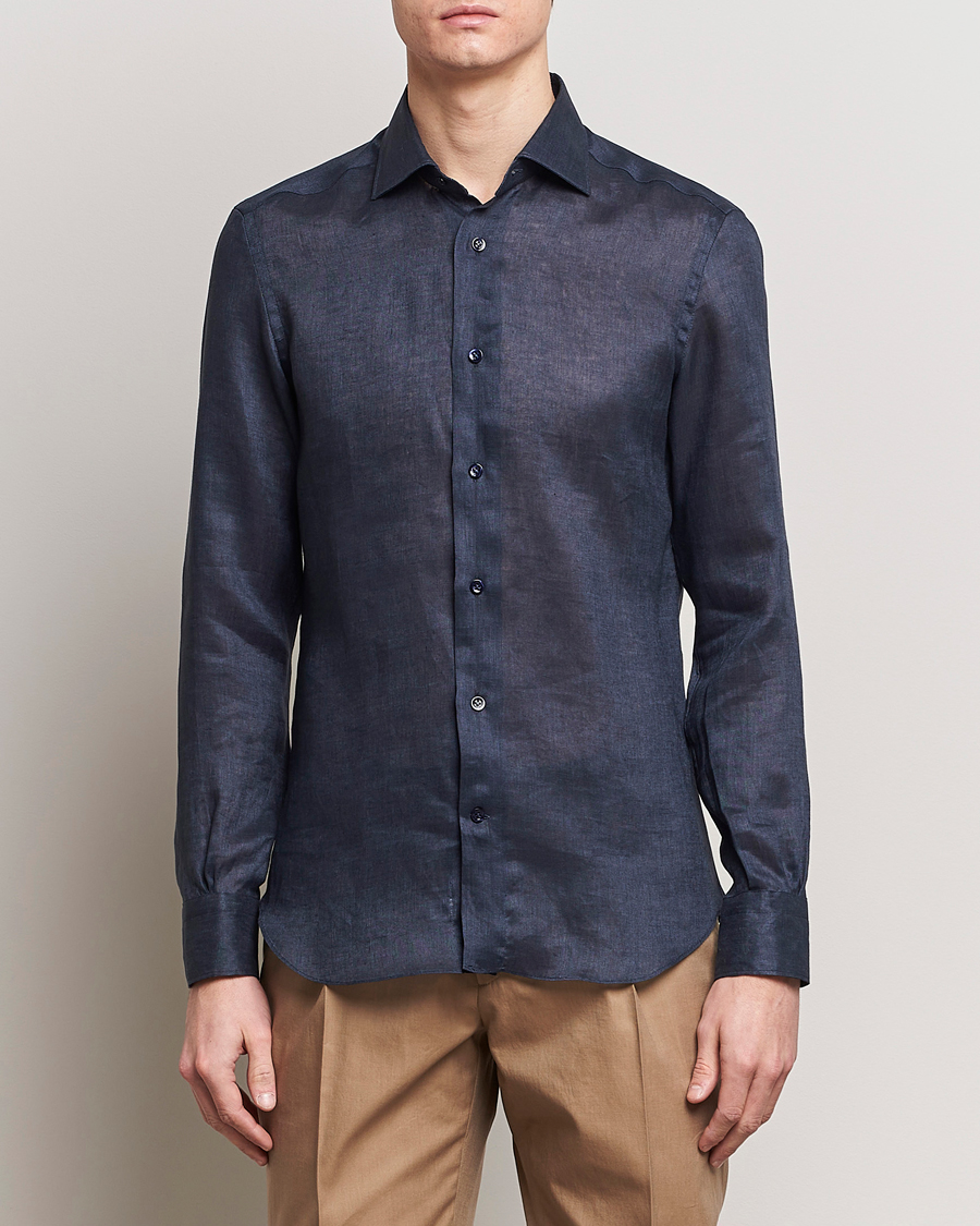 Herr | Kläder | Mazzarelli | Soft Linen Cut Away Shirt Navy