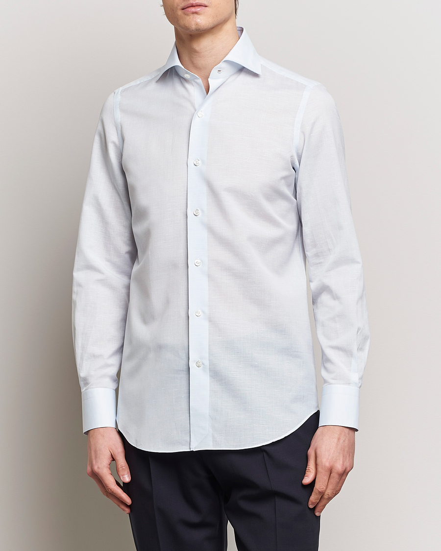 Herr | Mörk kostym | Finamore Napoli | Milano Slim Linen Dress Shirt Light Blue