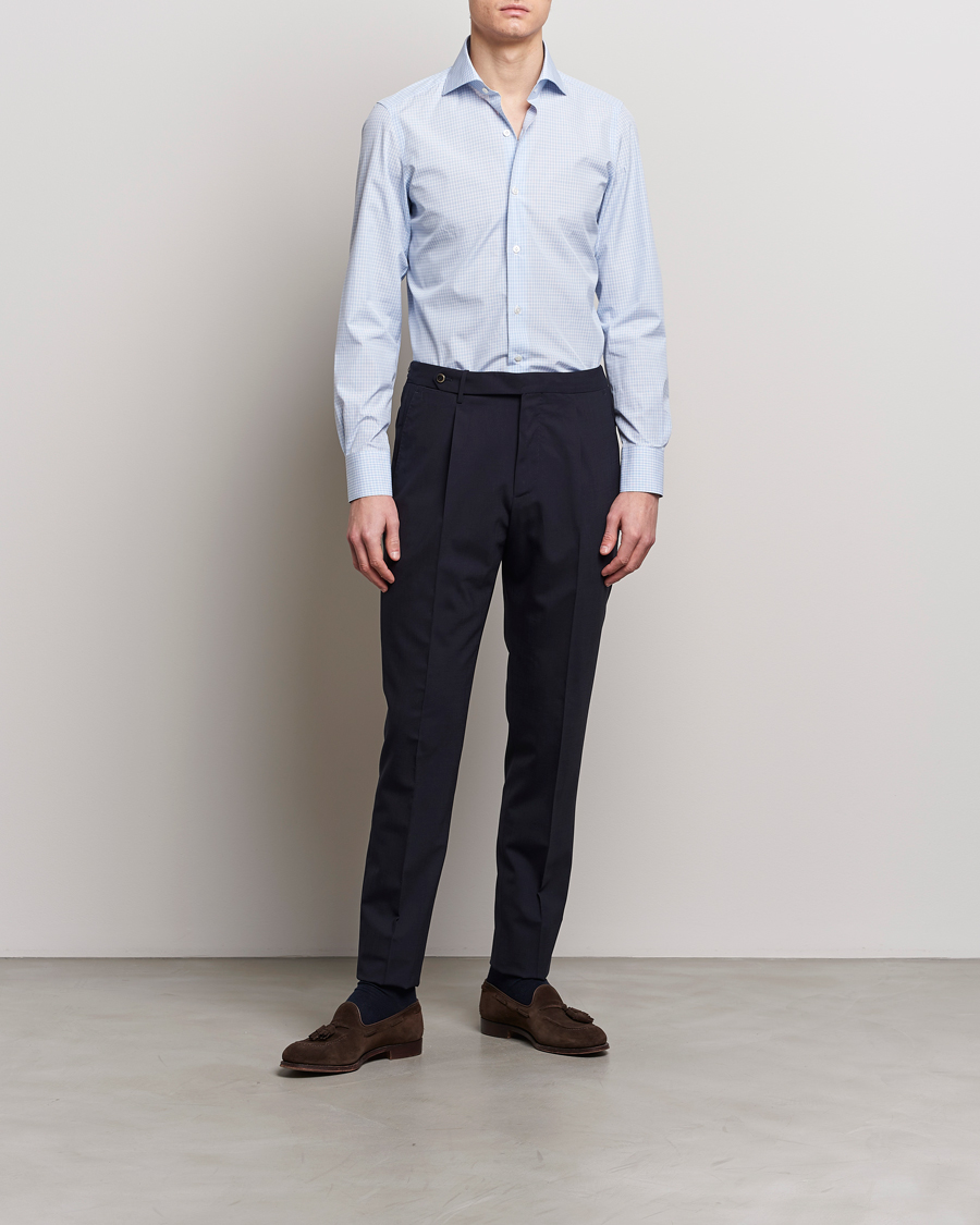 Herr | Businesskjortor | Finamore Napoli | Milano Slim Checked Dress Shirt Light Blue