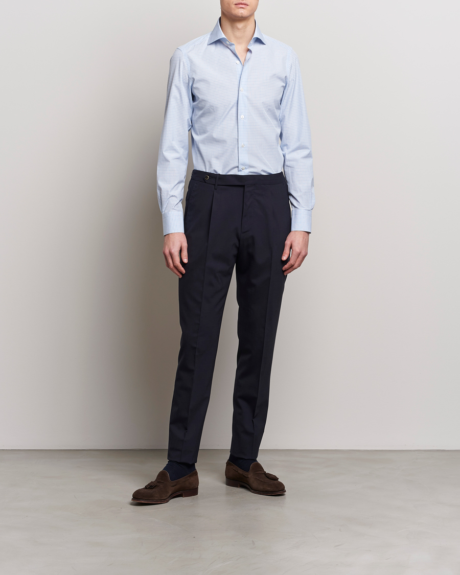 Herr | Italian Department | Finamore Napoli | Milano Slim Checked Dress Shirt Light Blue