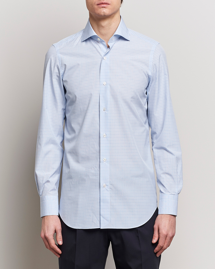 Herr | Italian Department | Finamore Napoli | Milano Slim Checked Dress Shirt Light Blue