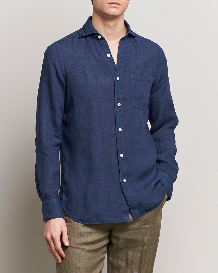 Herr | Italian Department | Finamore Napoli | Gaeta Linen Pocket Shirt Navy