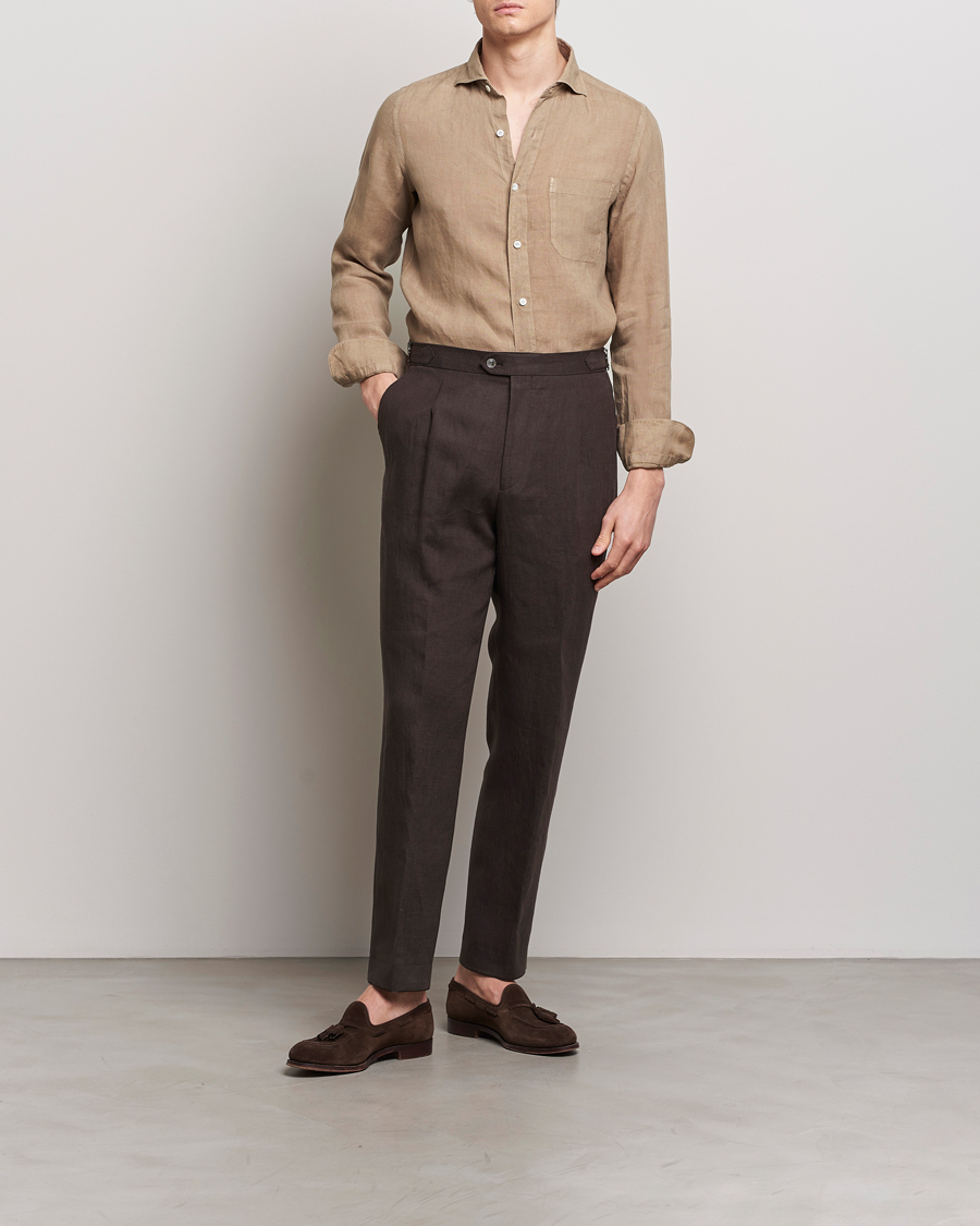 Herr | Skjortor | Finamore Napoli | Gaeta Linen Pocket Shirt Taupe