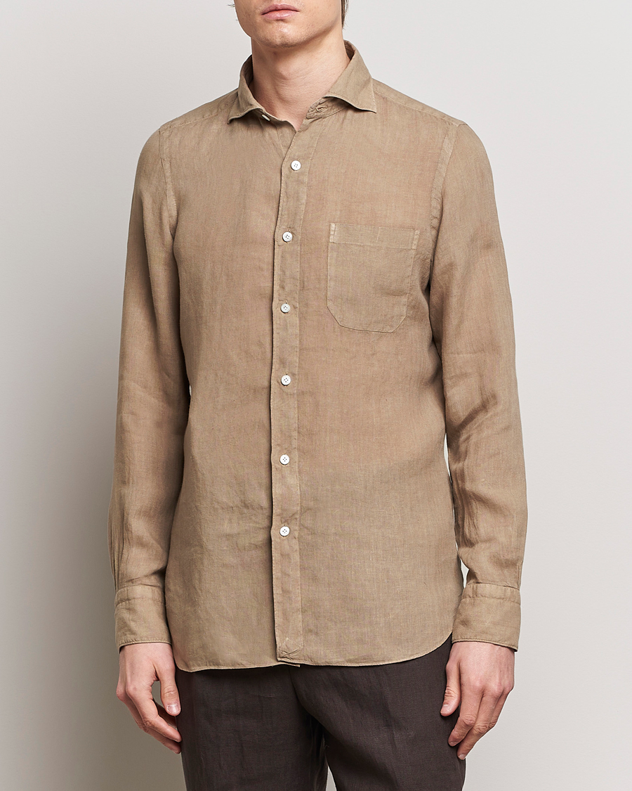 Herr | Skjortor | Finamore Napoli | Gaeta Linen Pocket Shirt Taupe