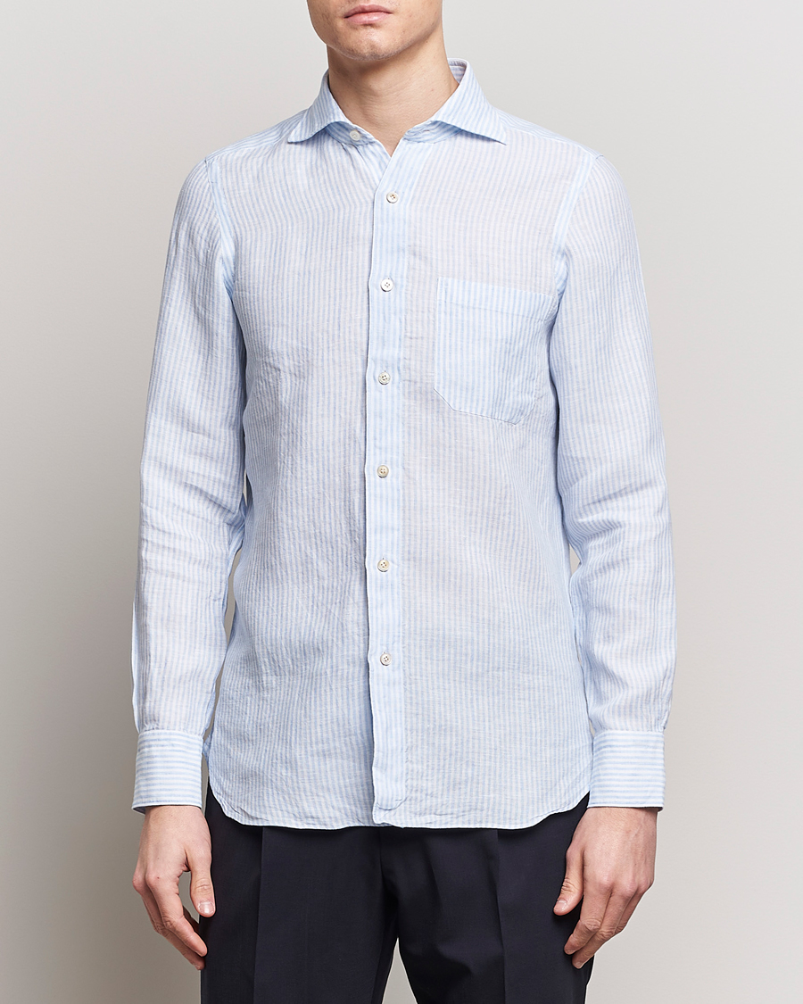 Herr | Linneskjortor | Finamore Napoli | Gaeta Striped Linen Pocket Shirt Light Blue