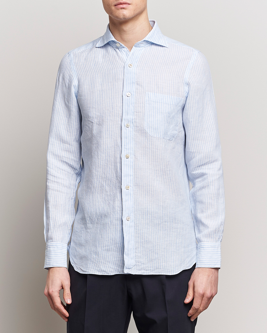 Herr | Finamore Napoli | Finamore Napoli | Gaeta Striped Linen Pocket Shirt Light Blue