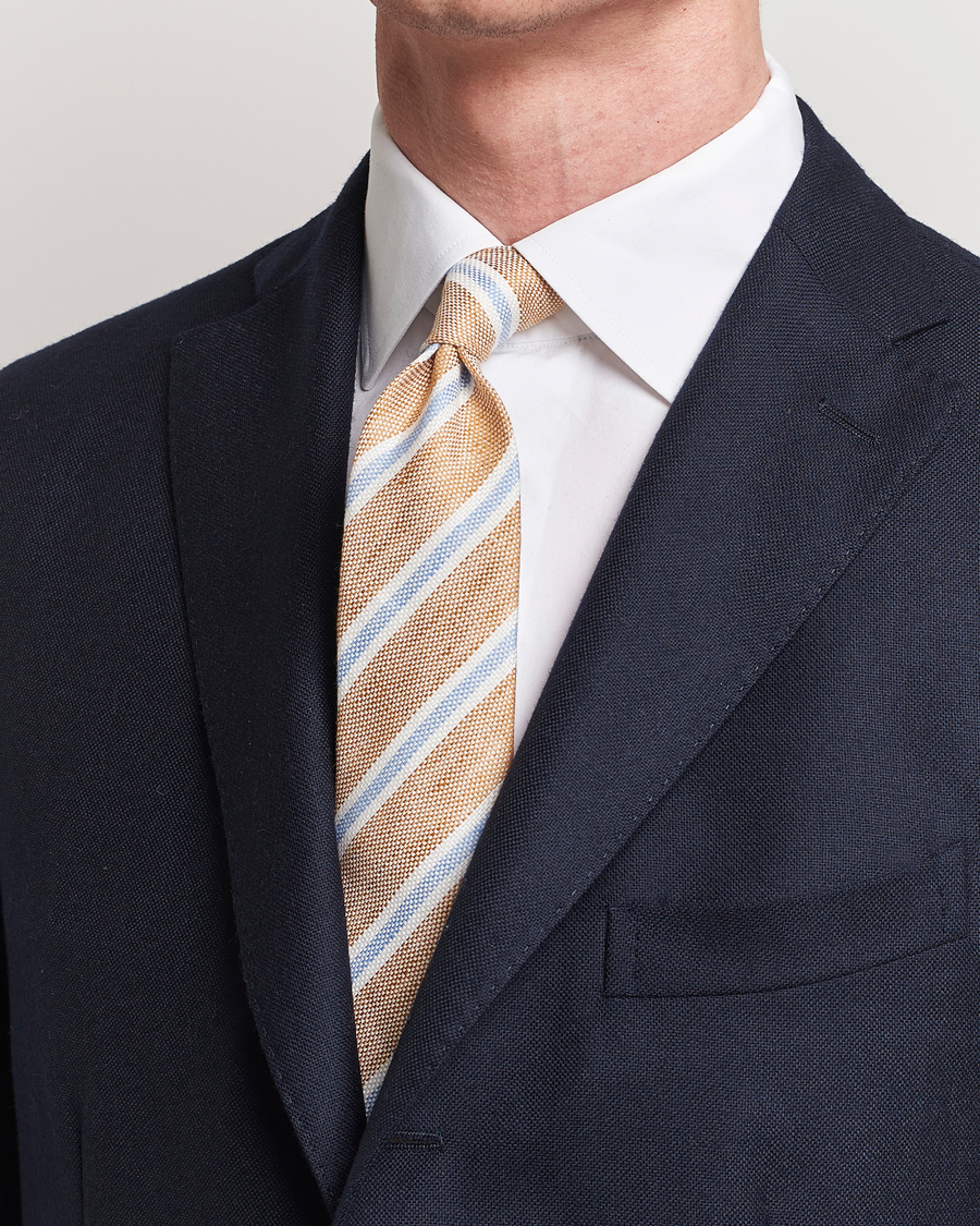 Herr | Finamore Napoli Regimental Stripe Linen Tie Beige/Blue | Finamore Napoli | Regimental Stripe Linen Tie Beige/Blue