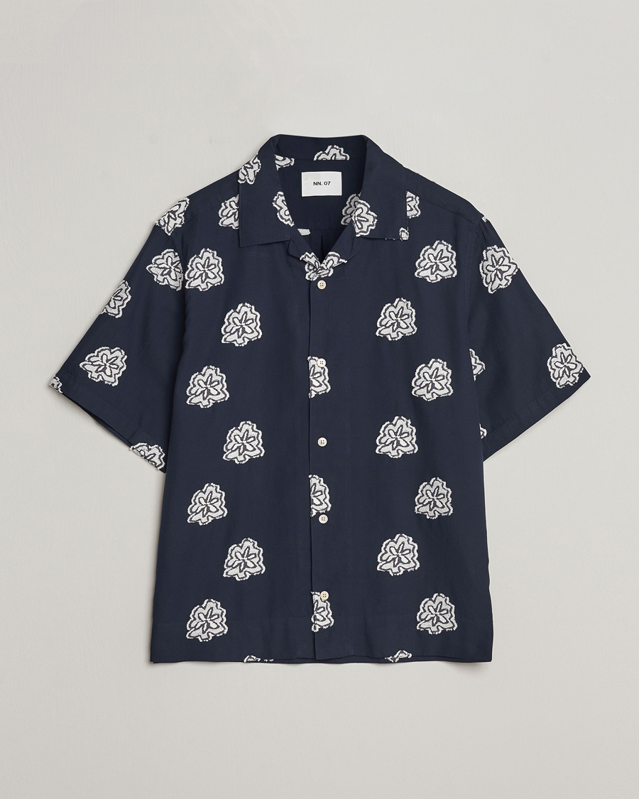 Herr | Skjortor | NN07 | Leo Printed Short Sleeve Shirt Navy Blue