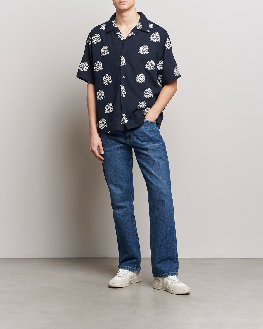 Herr | Skjortor | NN07 | Leo Printed Short Sleeve Shirt Navy Blue
