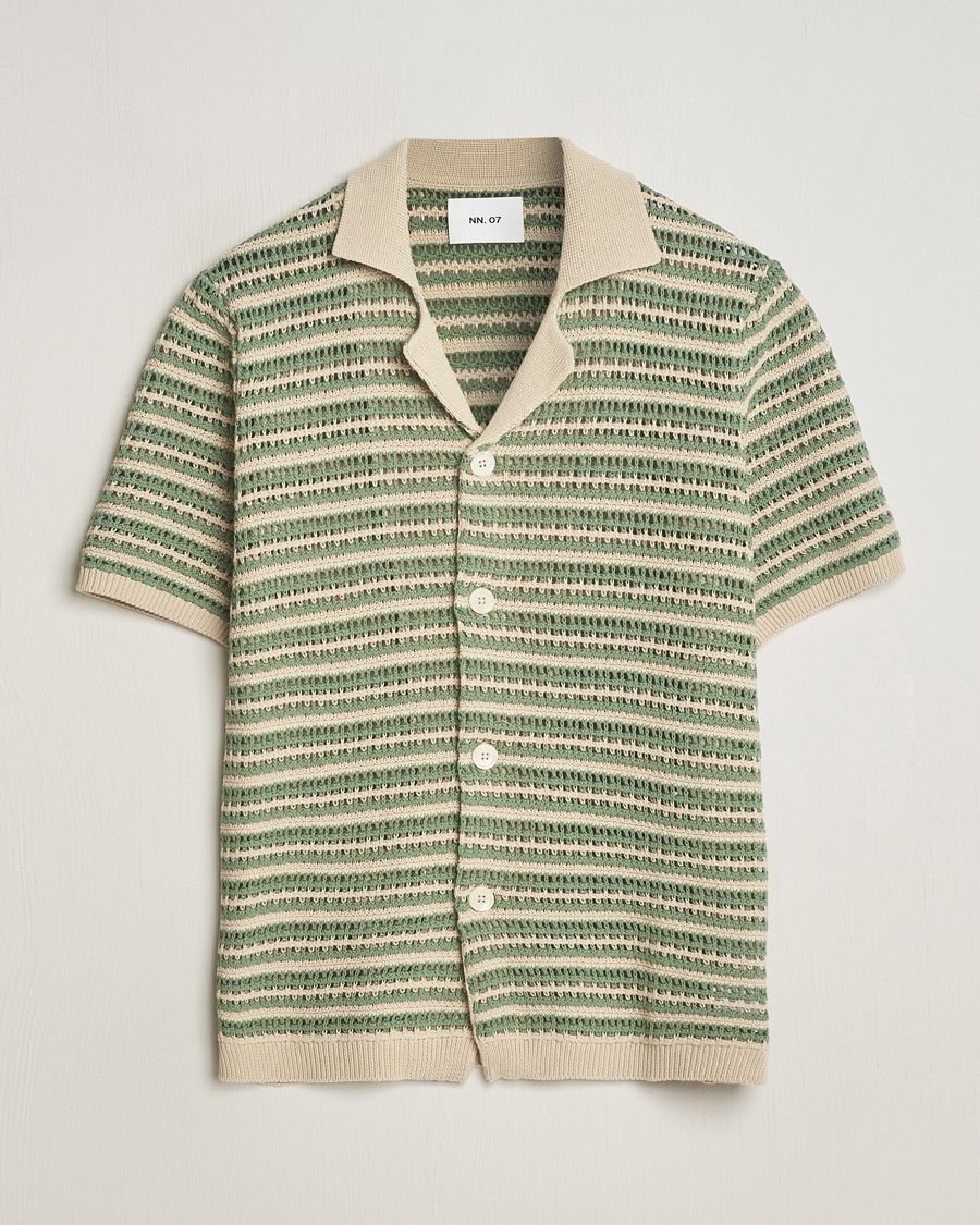 Herr | Skjortor | NN07 | Henry Knitted Striped Short Shleeve Shirt Ecru/Green