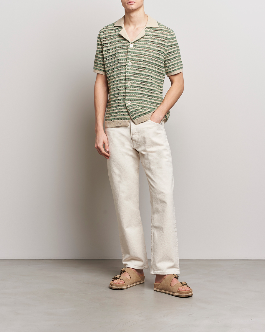 Herr | Skjortor | NN07 | Henry Knitted Striped Short Shleeve Shirt Ecru/Green