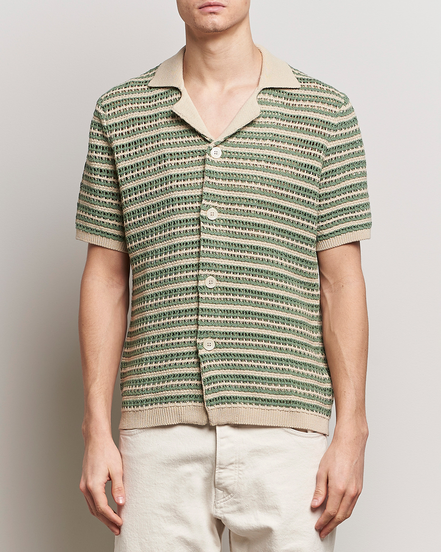 Herr | NN07 | NN07 | Henry Knitted Striped Short Shleeve Shirt Ecru/Green