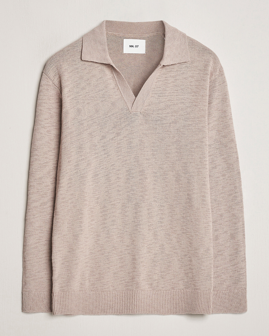 Herr | Tröjor | NN07 | Ryan Long Sleeve Open Collar Knitted Polo Khaki Stone