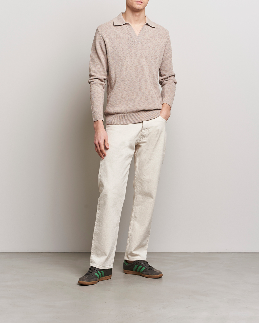 Herr | Tröjor | NN07 | Ryan Long Sleeve Open Collar Knitted Polo Khaki Stone