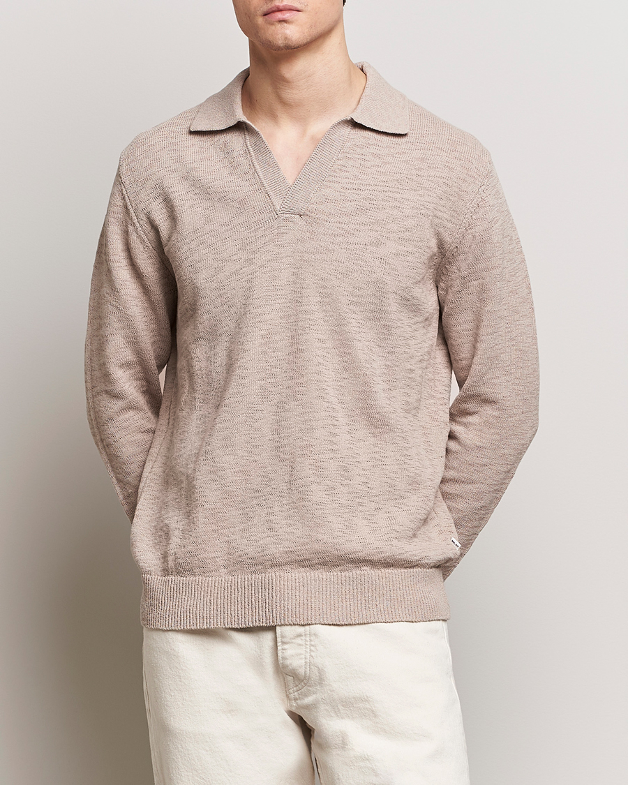 Herre | Strikkede polotrøjer | NN07 | Ryan Long Sleeve Open Collar Knitted Polo Khaki Stone