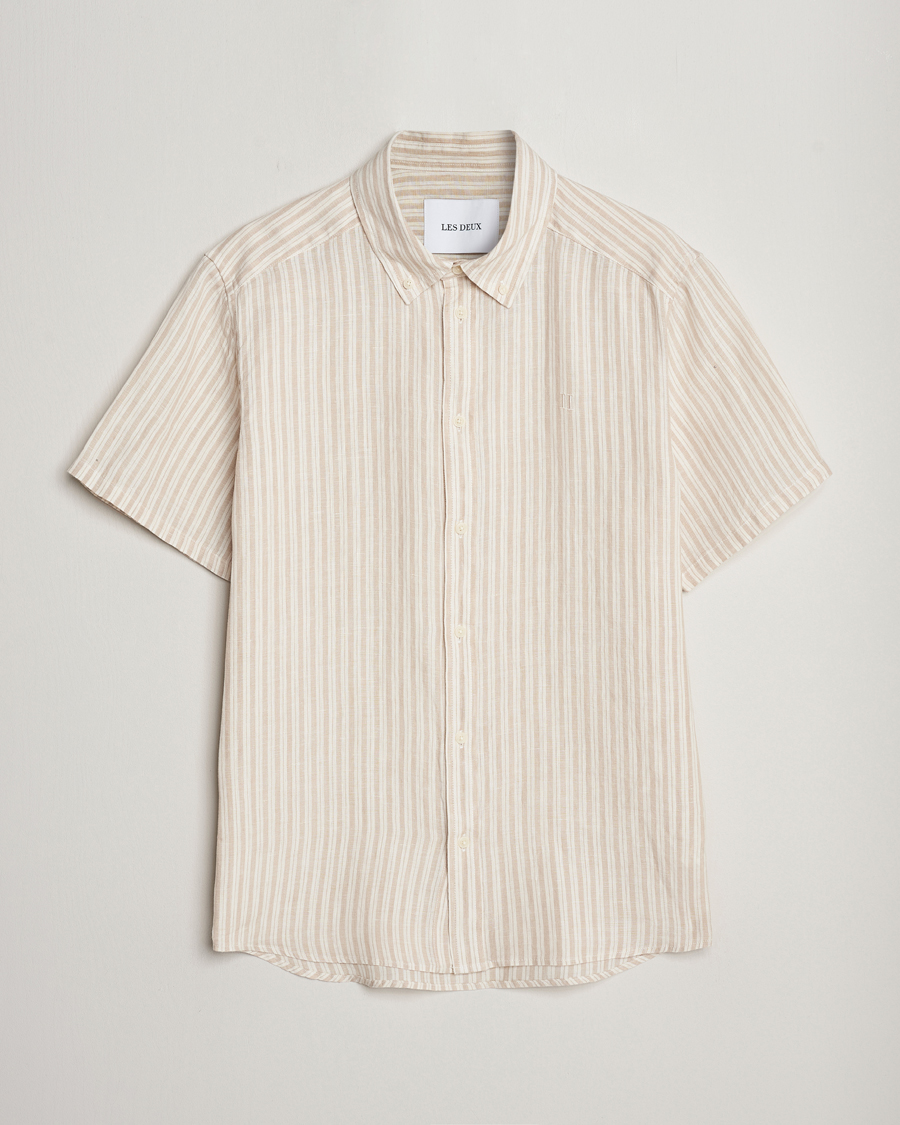 Herr | Skjortor | LES DEUX | Kris Linen Striped Short Sleeve Shirt Sand/Ivory