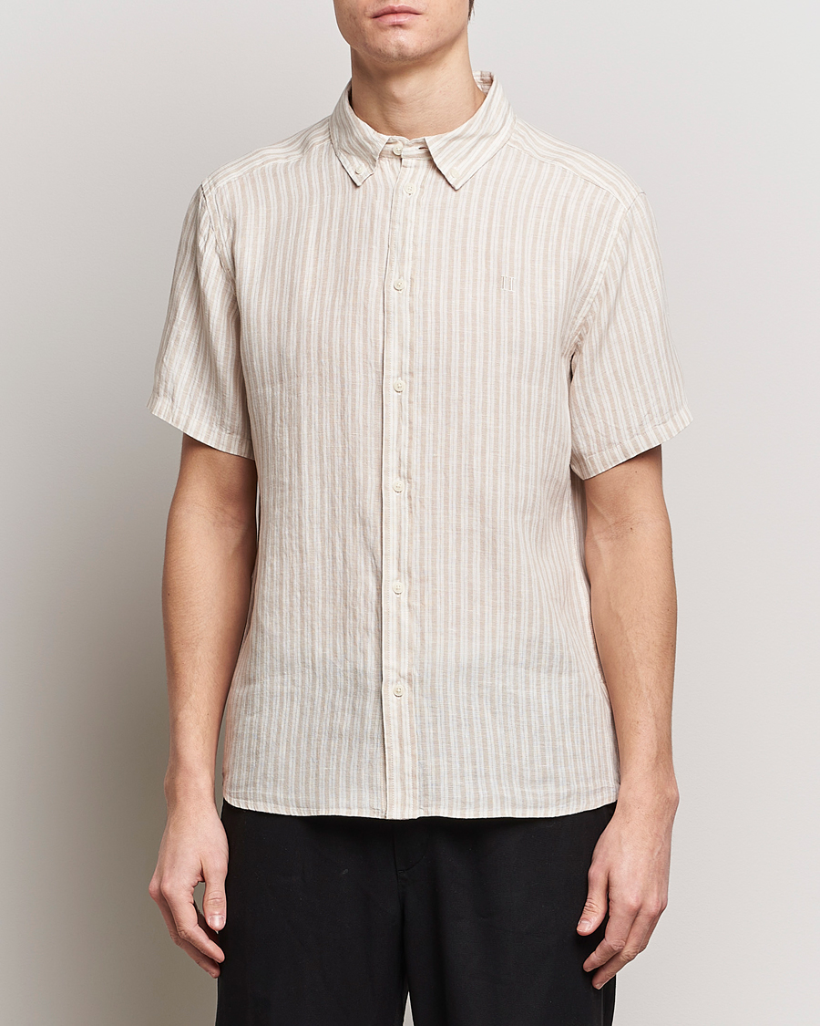 Herr | LES DEUX | LES DEUX | Kris Linen Striped Short Sleeve Shirt Sand/Ivory